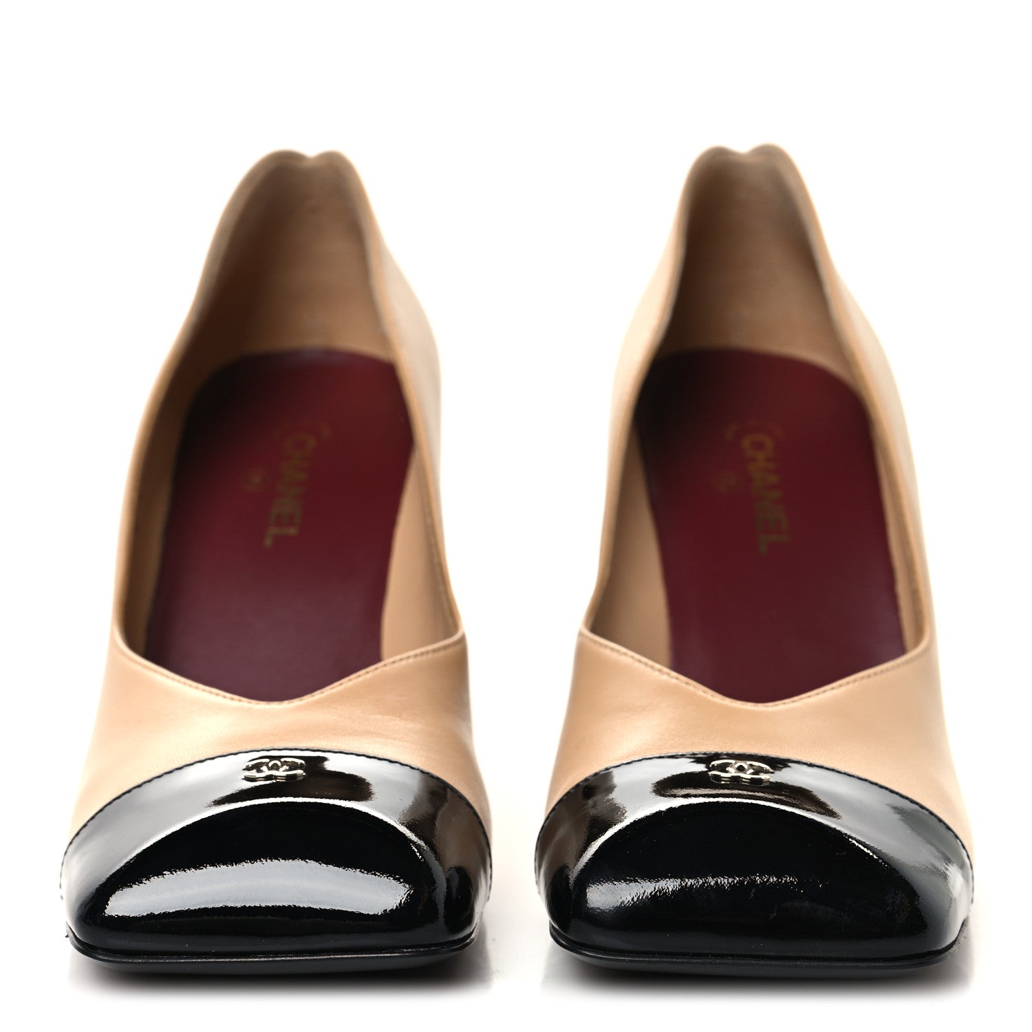 CHANEL ベージュ ブラック ハイヒール 37 Chanel Lambskin Patent Calfskin Cap Toe Pumps 37 Beige Black