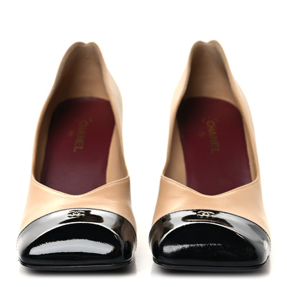 Chanel Lambskin Patent Calfskin Cap Toe Pumps 37 Beige Black 3 of 10