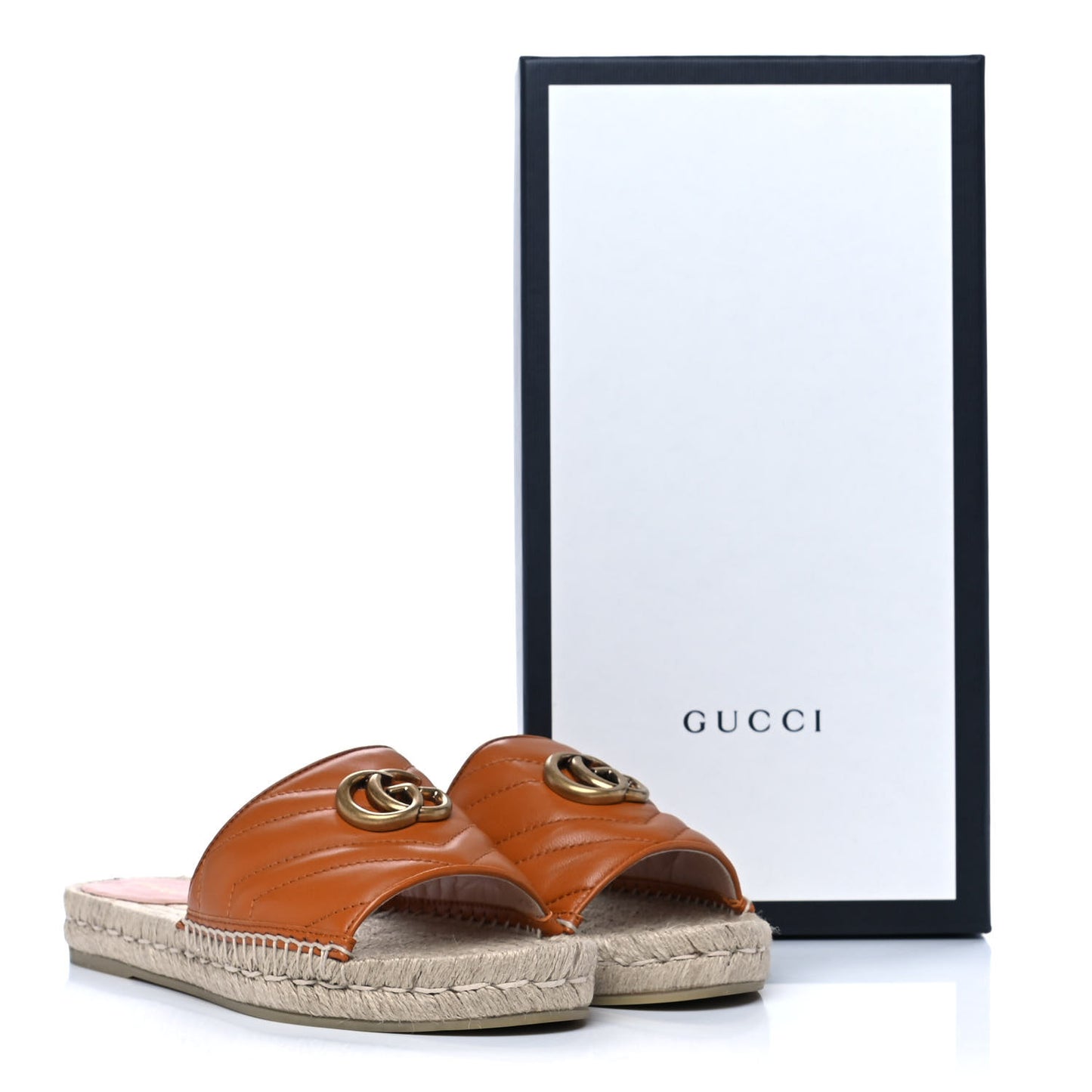 Nappa Matelasse GG Marmont Espadrille Slide Sandals 38 Cognac