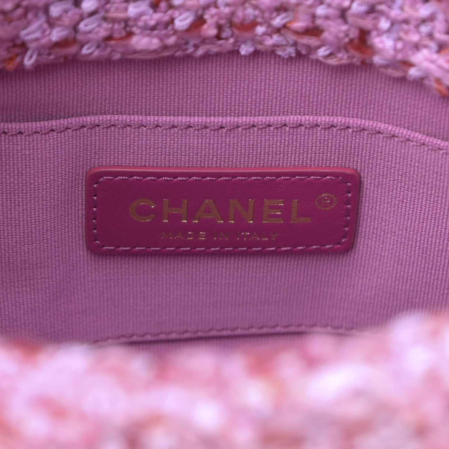Tweed Enamel Quilted Pending CC Bucket Drawstring Bag Light Purple Pink Red