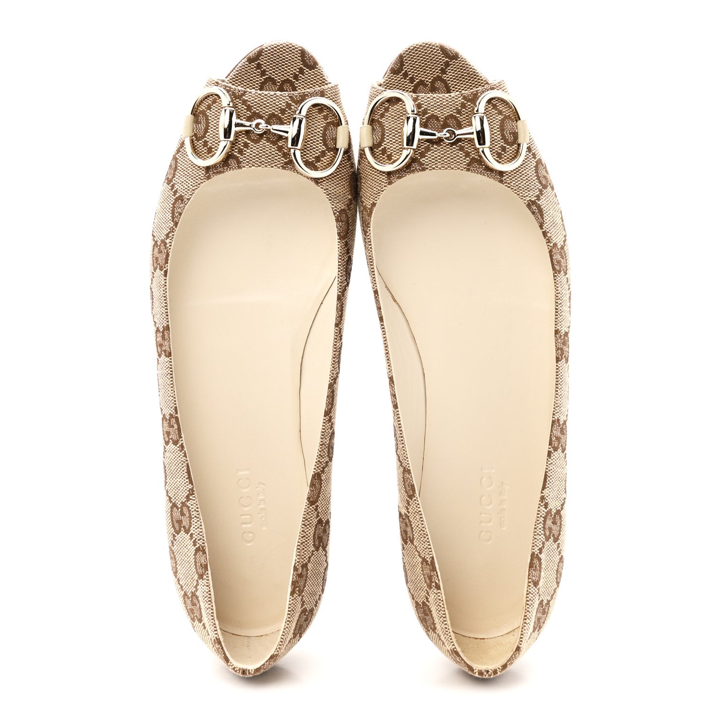 Monogram Miro Soft Calfskin Womens Horsebit Peep Toe Flats 6 Beige Ebony Mystic White