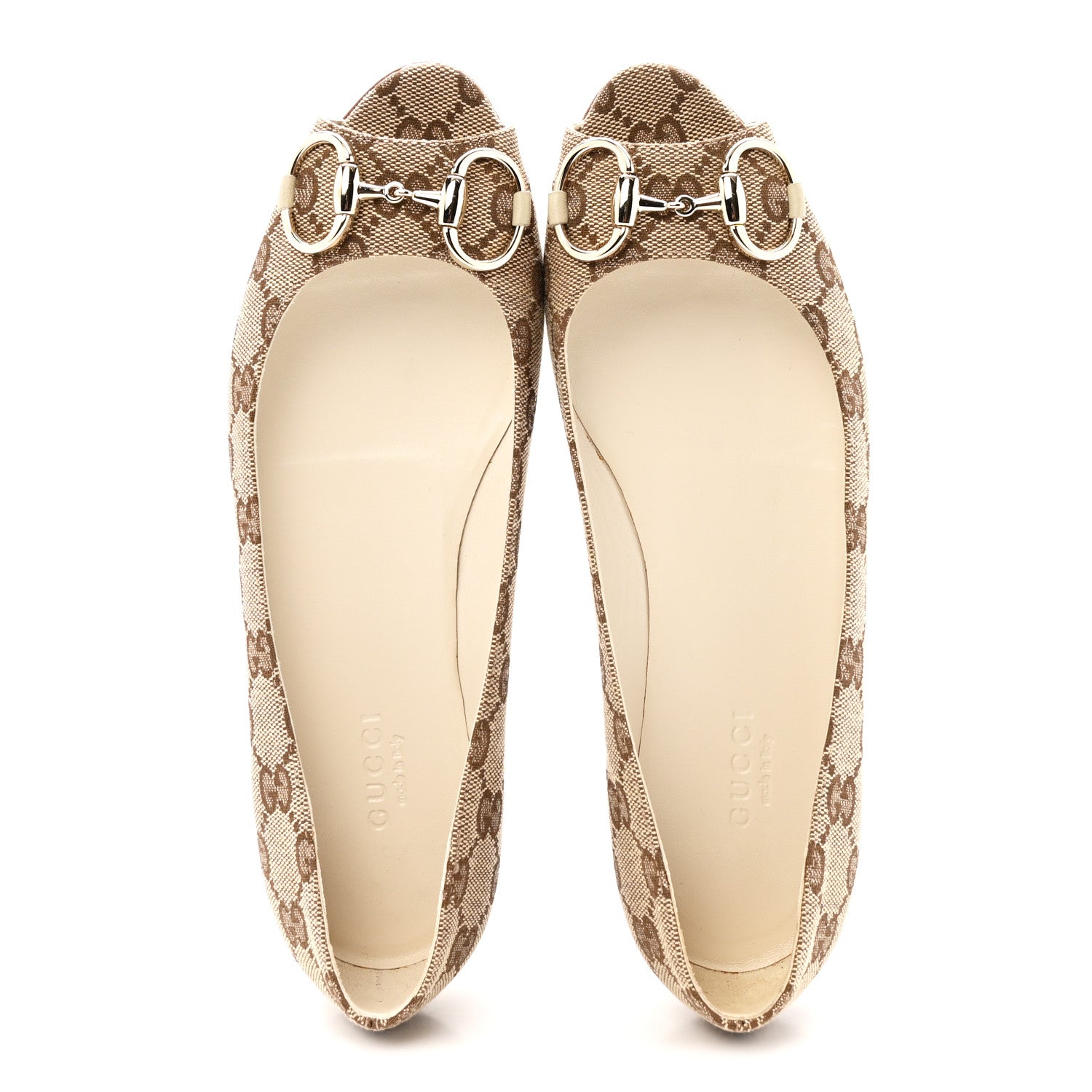 Gucci Monogram Miro Soft Calfskin Womens Horsebit Peep Toe Flats 6 Beige Ebony Mystic White 2 of 10