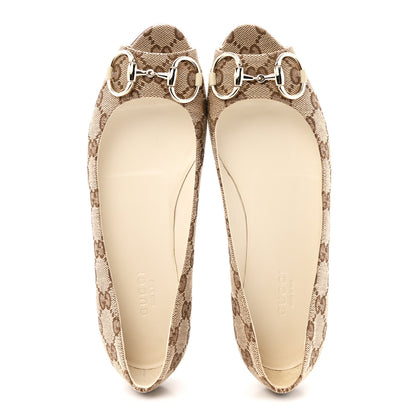Gucci Monogram Miro Soft Calfskin Womens Horsebit Peep Toe Flats 6 Beige Ebony Mystic White 2 of 10