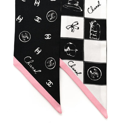 Chanel Silk Checkered Lucky Symbols CC Slim Bandeau Scarf Black White Pink 2 of 3