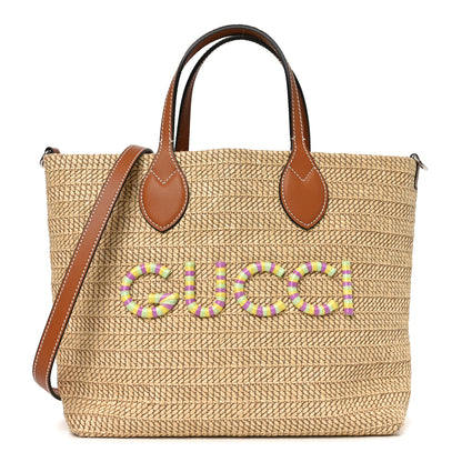 Gucci Raffia Woven Logo Patch Medium Tote Bag Natural Brown Multicolor 1 of 10