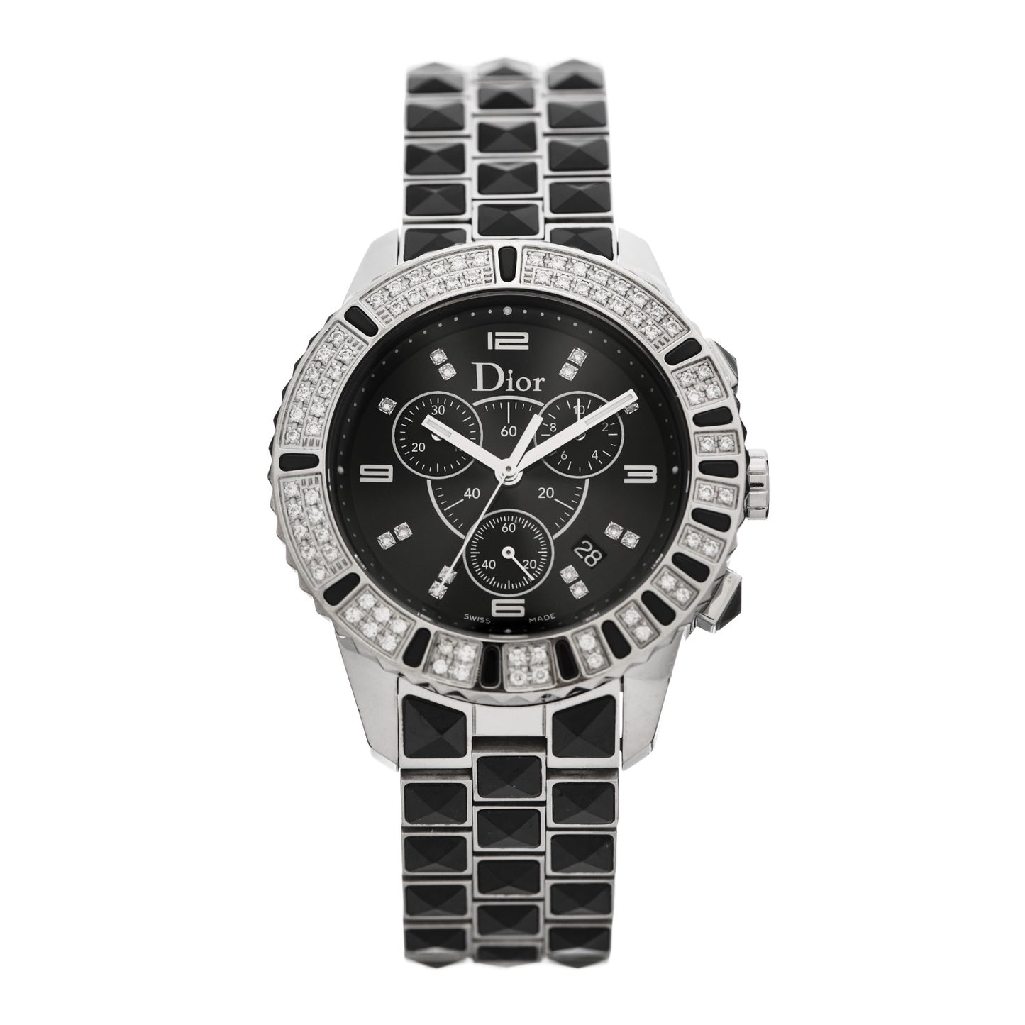 Stainless Steel Diamond Pave Bezel Sapphire 38mm Christal Chronograph Quartz Watch Black
