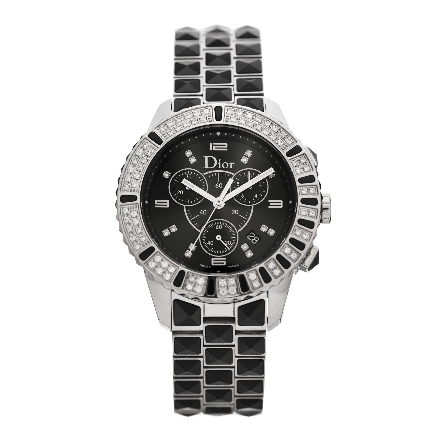 Christian Dior Stainless Steel Diamond Pave Bezel Sapphire 38mm Christal Chronograph Quartz Watch Black 1 of 5