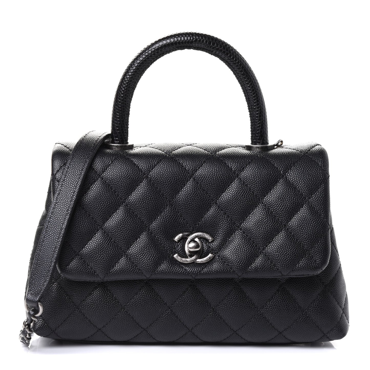 Caviar Lizard Embossed Quilted Mini Coco Handle Flap Black