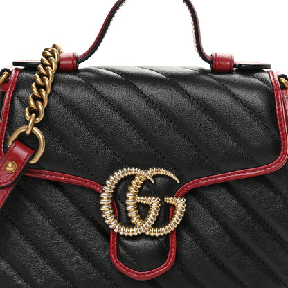 Gucci Vintage Effect Calfskin Matelasse Diagonal Mini Torchon GG Marmont Top Handle Shoulder Bag Black Romantic Cherry 8 of 11