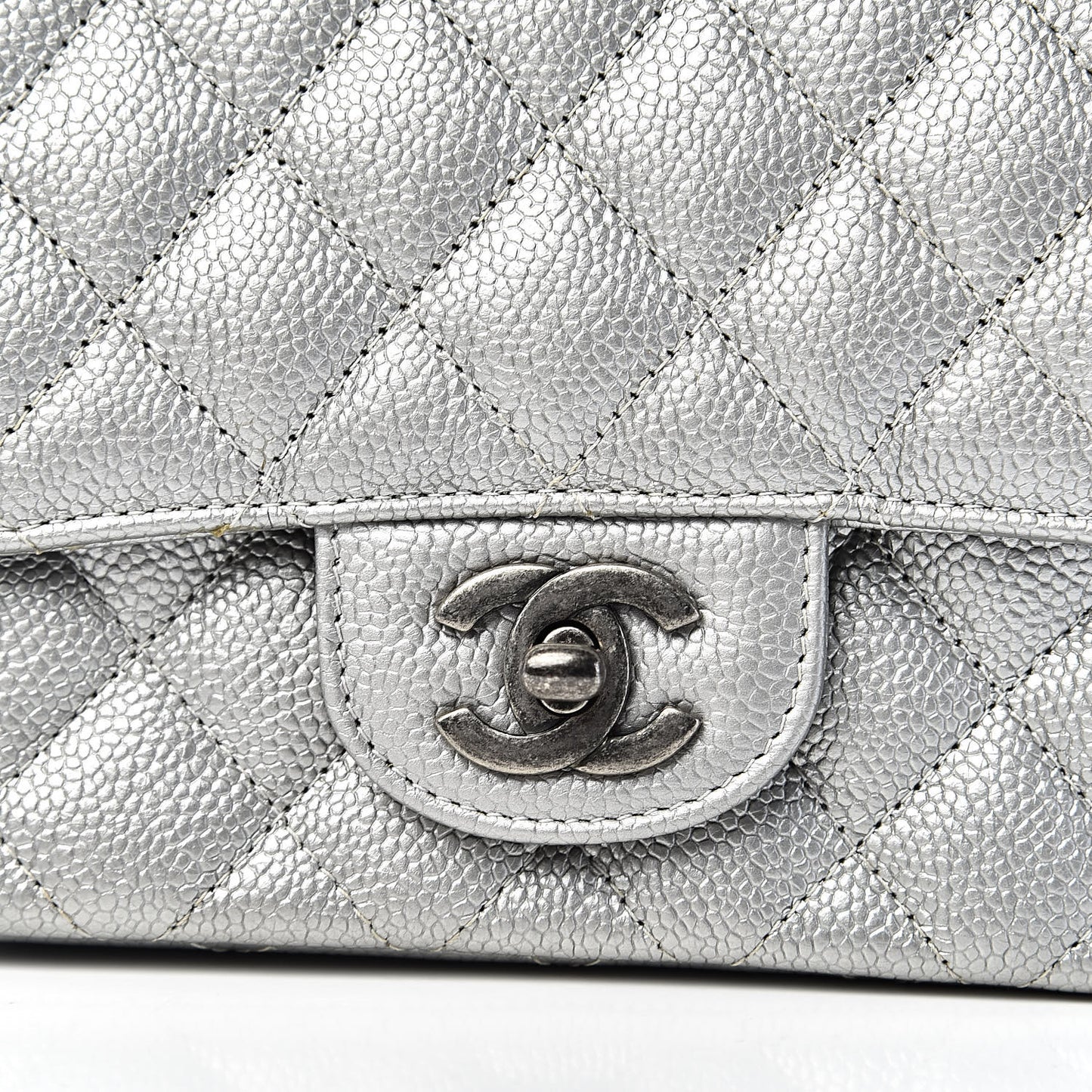 Metallic Caviar Quilted Mini Square Flap Silver