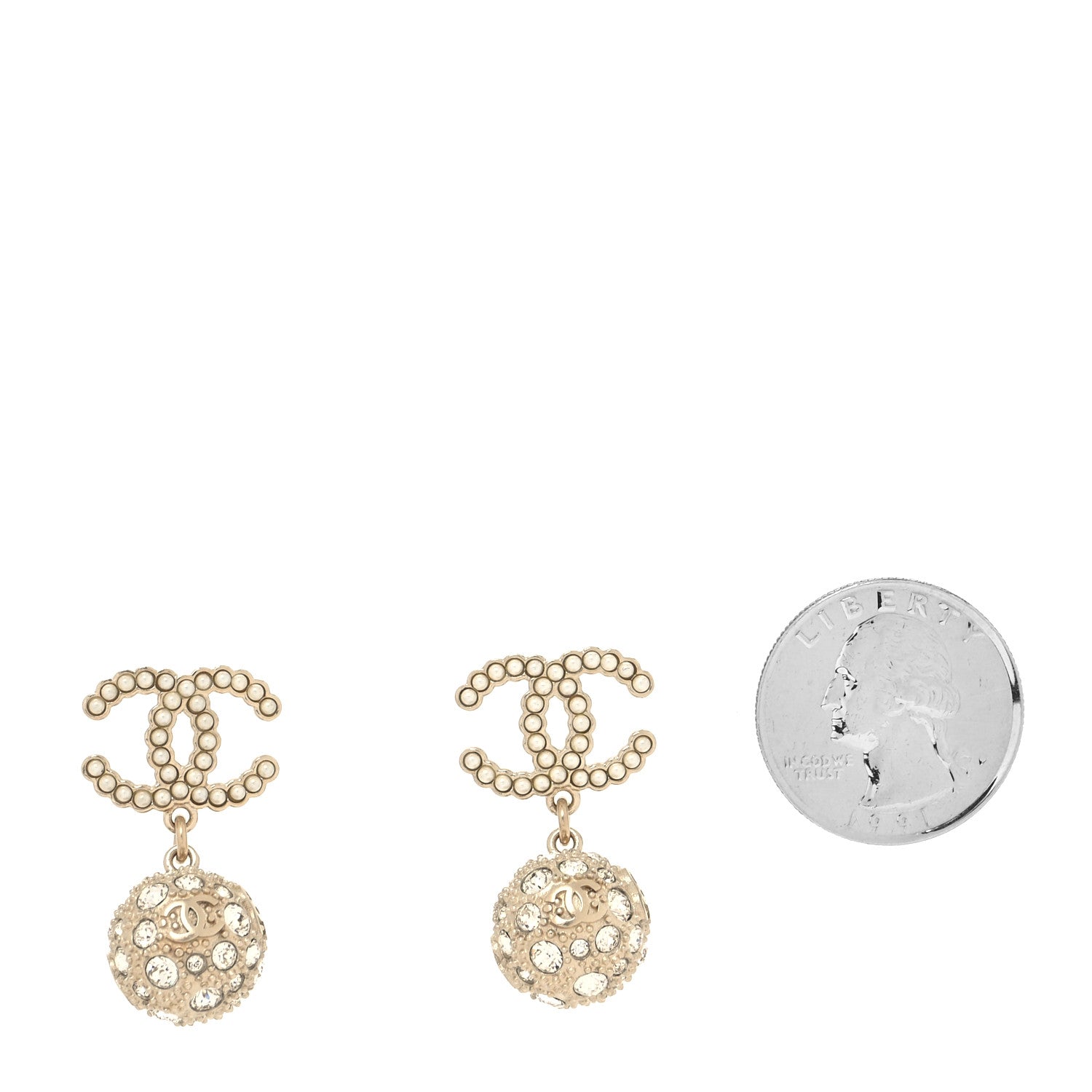 Chanel Crystal Pearl CC Drop Earrings Gold Pearly White 2 of 4