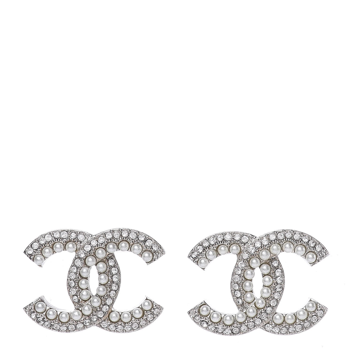 Chanel Pearl Crystal CC Snow Palace Earrings Silver 1 of 5