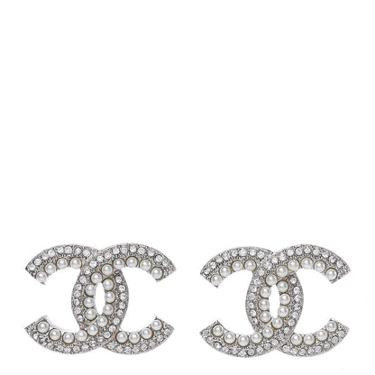 Chanel Pearl Crystal CC Snow Palace Earrings Silver 1 of 5