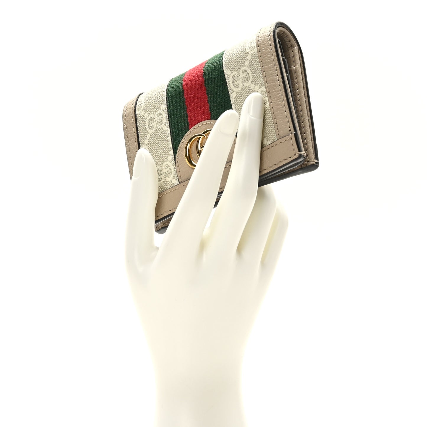GG Supreme Monogram Textured Dollar Calfskin Web Ophidia Card Case Beige Mystic White Oatmeal