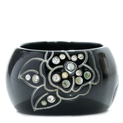 Chanel Resin Crystal CC Camellia Ring Black 6.5 1 of 5