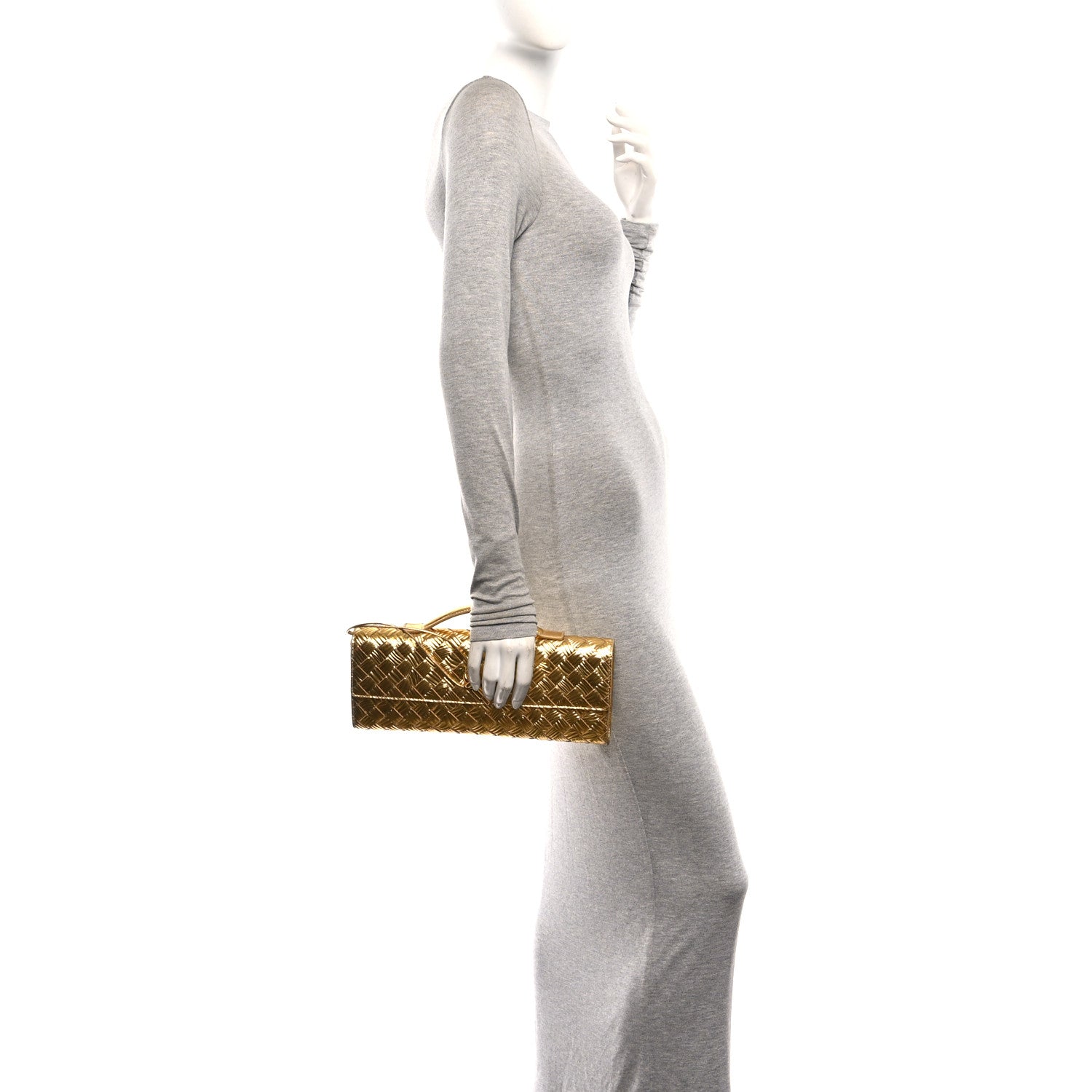 Bottega Veneta Metallic Satin Lambskin Intrecciato Long Andiamo Top Handle Clutch Gold 2 of 10