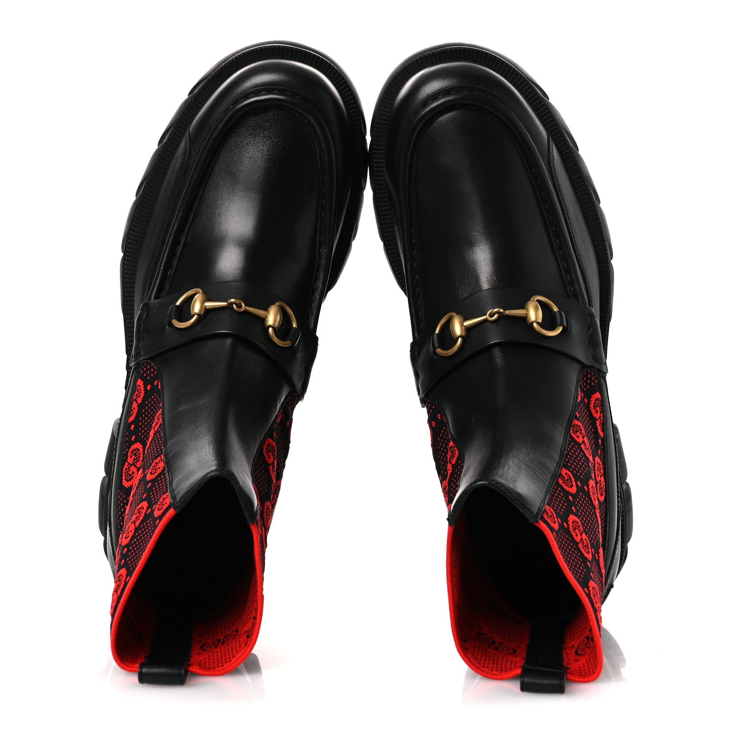 Gucci Quebec Calfskin Technical Jersey Knit GG Monogram Mens Horsebit Ankle Boots 11.5 Black Light Hibiscus Red 2 of 12
