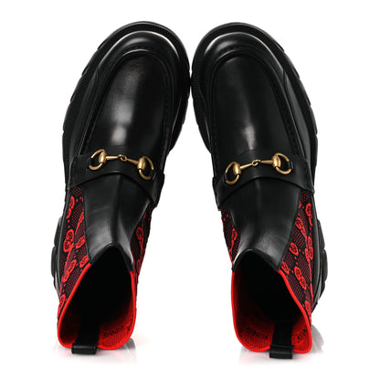 Gucci Quebec Calfskin Technical Jersey Knit GG Monogram Mens Horsebit Ankle Boots 11.5 Black Light Hibiscus Red 2 of 12