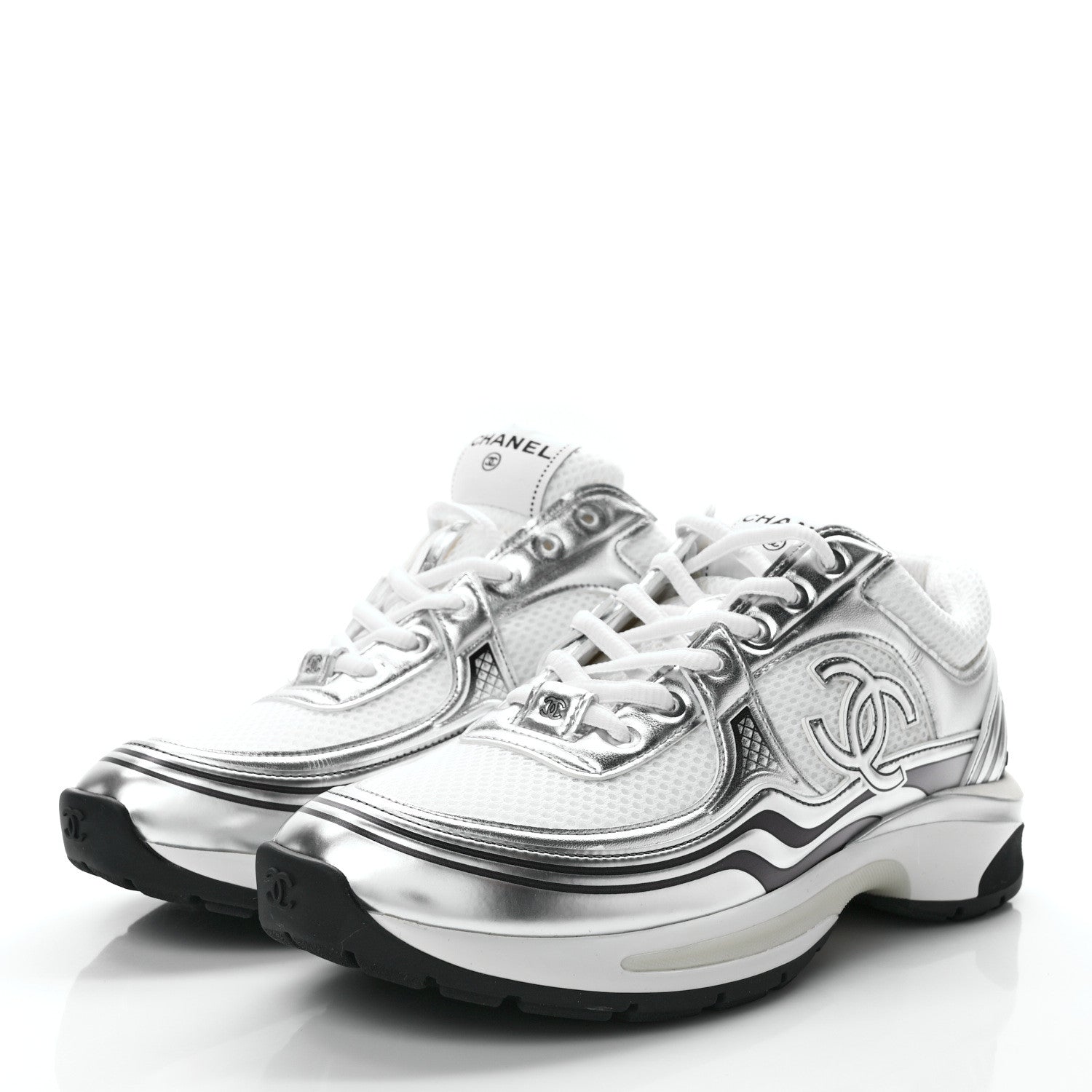 Chanel Fabric Laminated Calfskin Stretch CC Sneakers 39 White Silver 6 of 20