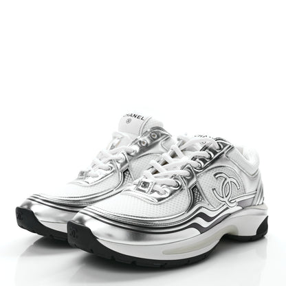 Chanel Fabric Laminated Calfskin Stretch CC Sneakers 39 White Silver 6 of 20