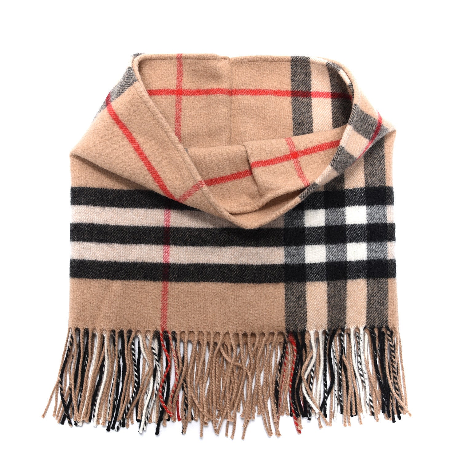Burberry Cashmere Wool Classic Check Infinity Fringe Scarf Camel 2 of 5