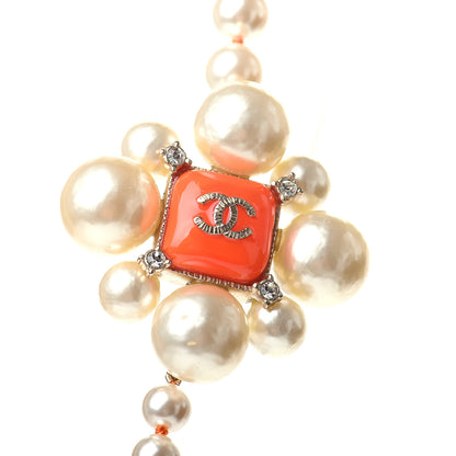 Chanel Pearl Crystal Gripoix CC Long Necklace Gold Pearly White Orange 4 of 6