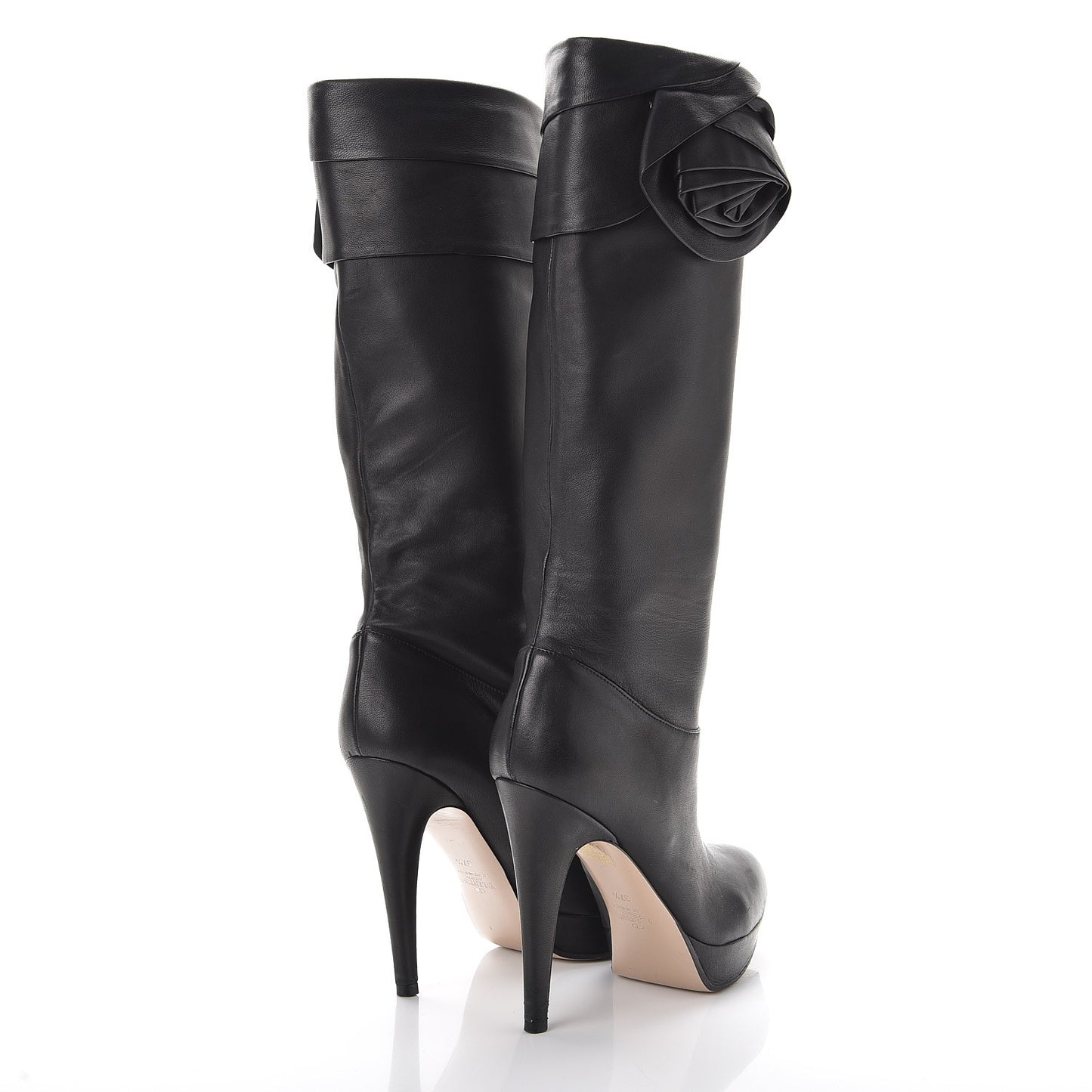 Lambskin Rose Rosette Tall Calf Boots 37.5 Black