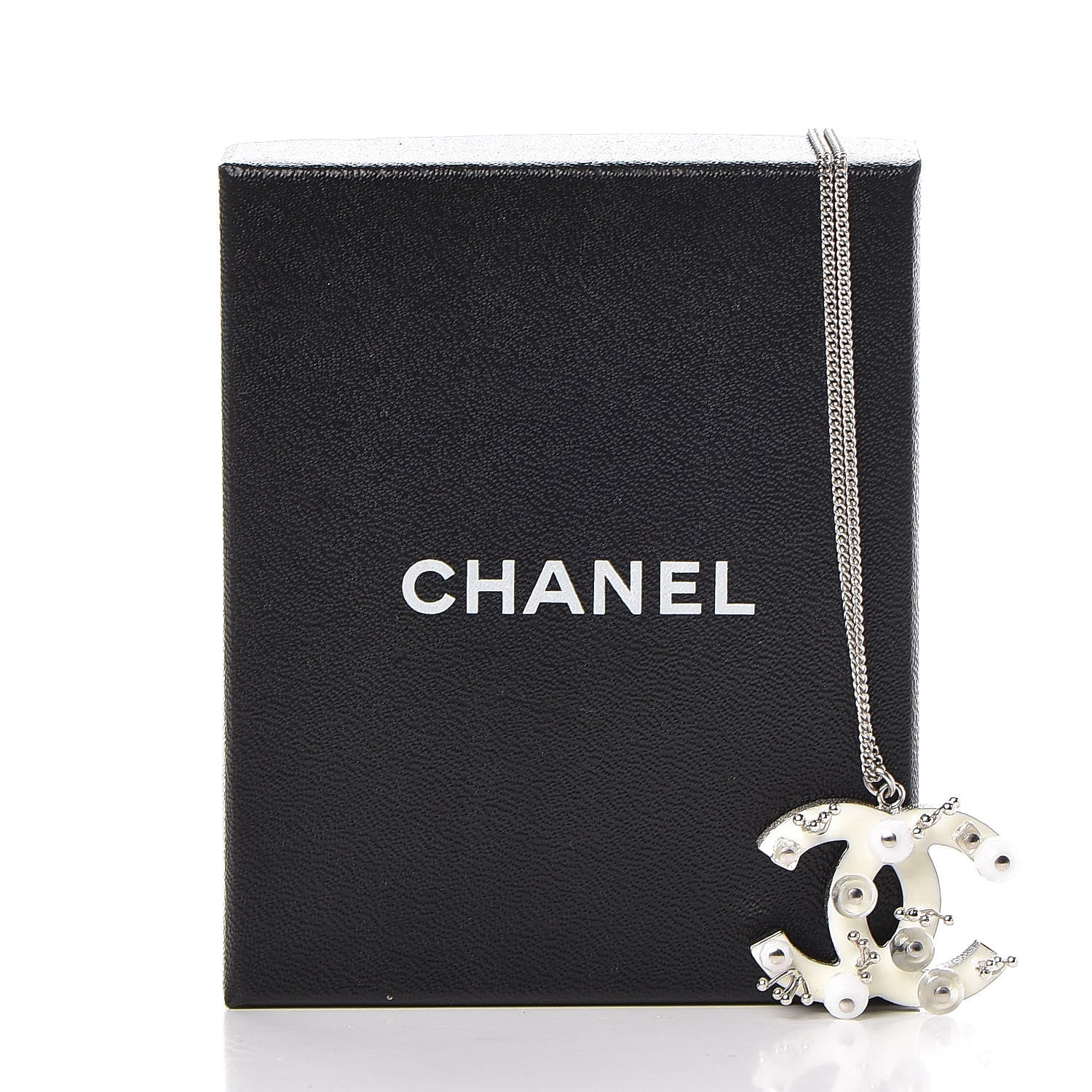 Chanel Enamel Beaded CC Necklace Silver White 6 of 6