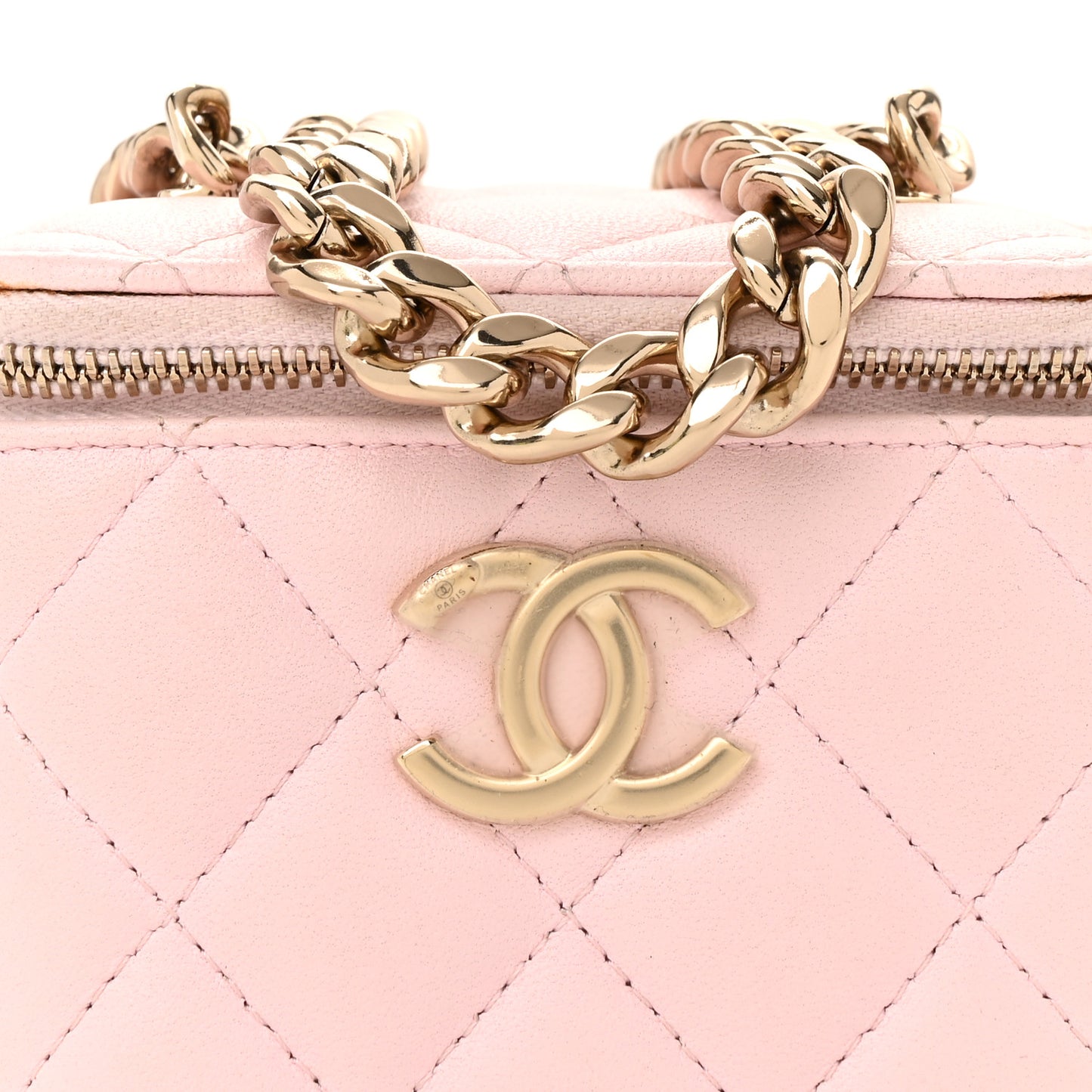 Lambskin Quilted Enamel Coco Mini Vanity Case With Chain Pink