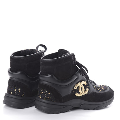 Chanel Velour Tweed CC High Top Sneakers 37.5 Black Gold 4 of 6