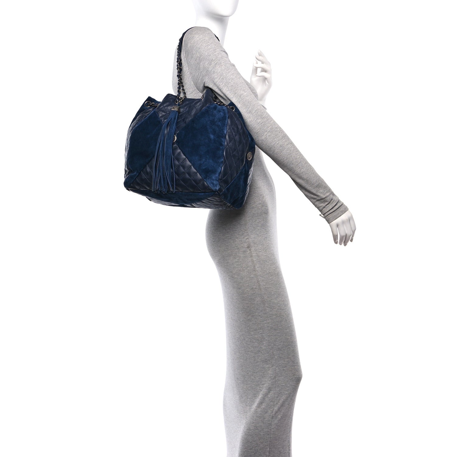 Chanel Goatskin Suede Calfskin Quilted Patchwork Drawstring Bag Blue 2 of 11