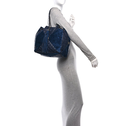 Chanel Goatskin Suede Calfskin Quilted Patchwork Drawstring Bag Blue 2 of 11