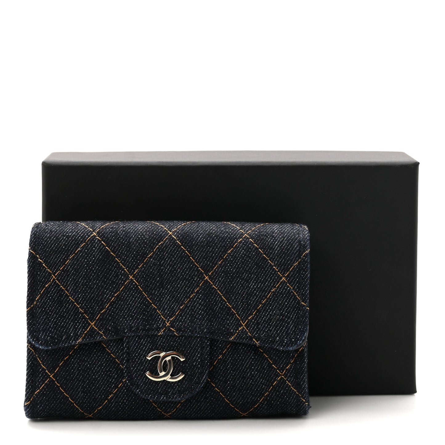 Denim Quilted Flap Card Holder Wallet Dark Blue Orange
