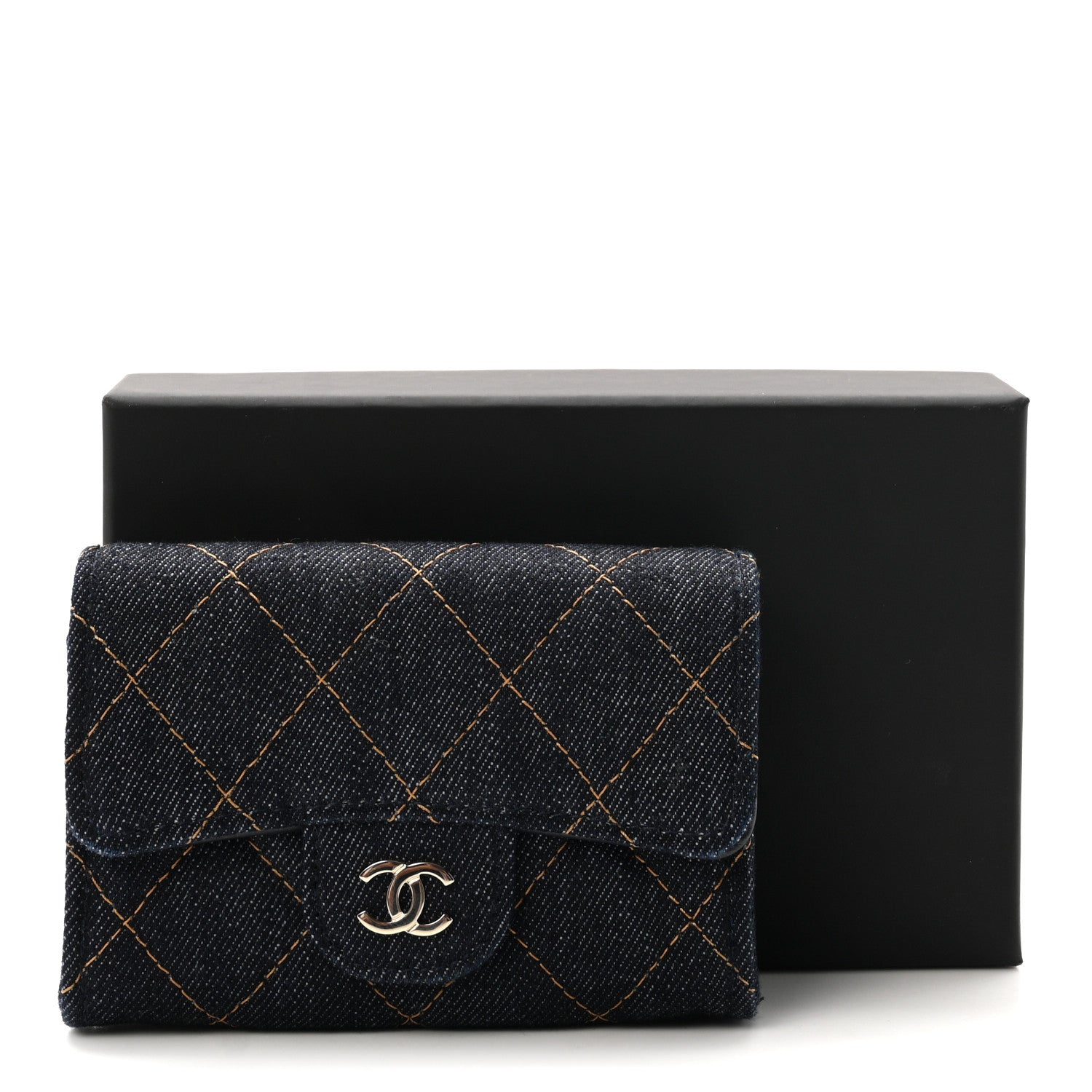 Chanel Denim Quilted Flap Card Holder Wallet Dark Blue Orange 8 of 8