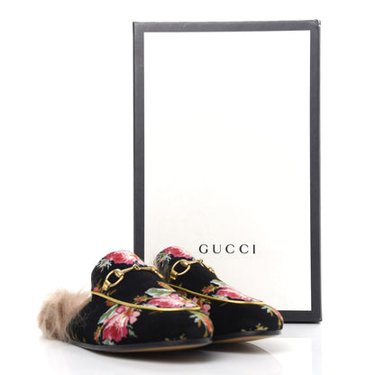 Gucci Velvet Fur Floral Womens Princetown Slippers 37 Black 10 of 11