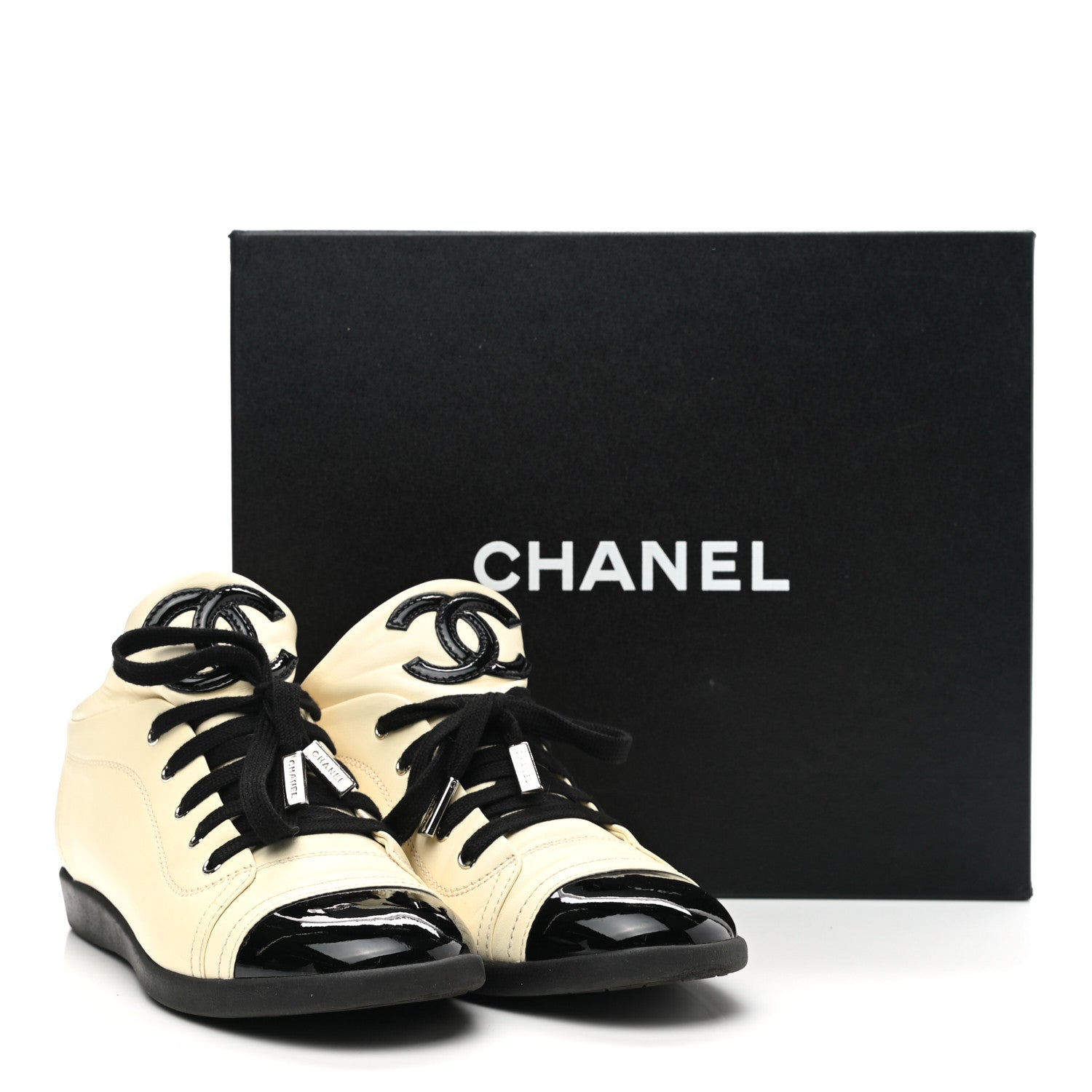 Chanel Lambskin Patent Calfskin CC Sneakers 37.5 White Black 9 of 9