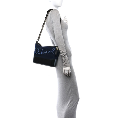 Chanel Calfskin Wool Embroidered Paris Hamburg Medium Gabrielle Hobo Dark Navy Blue 2 of 10