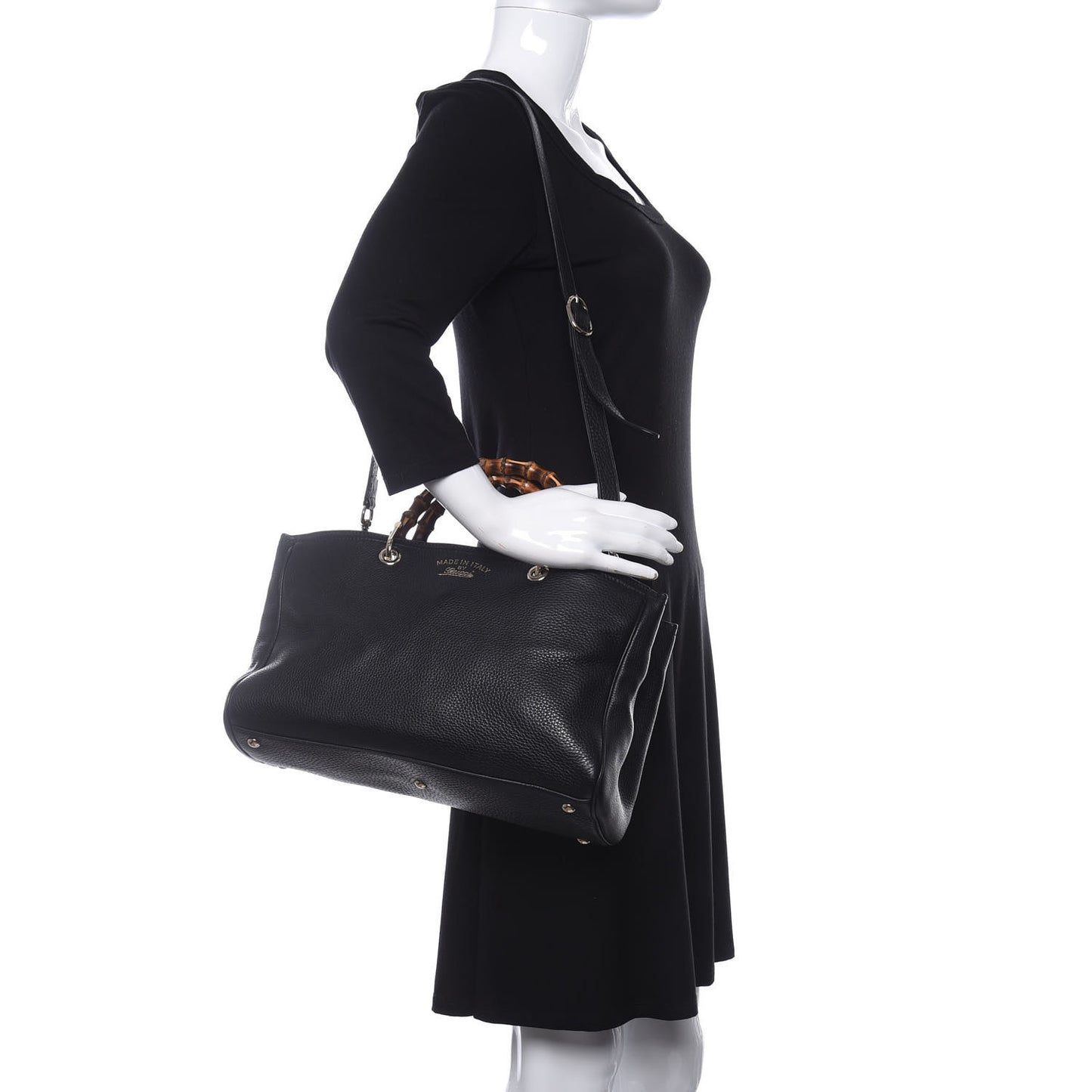 Pebbled Calfskin Medium Bamboo Shopper Tote Black