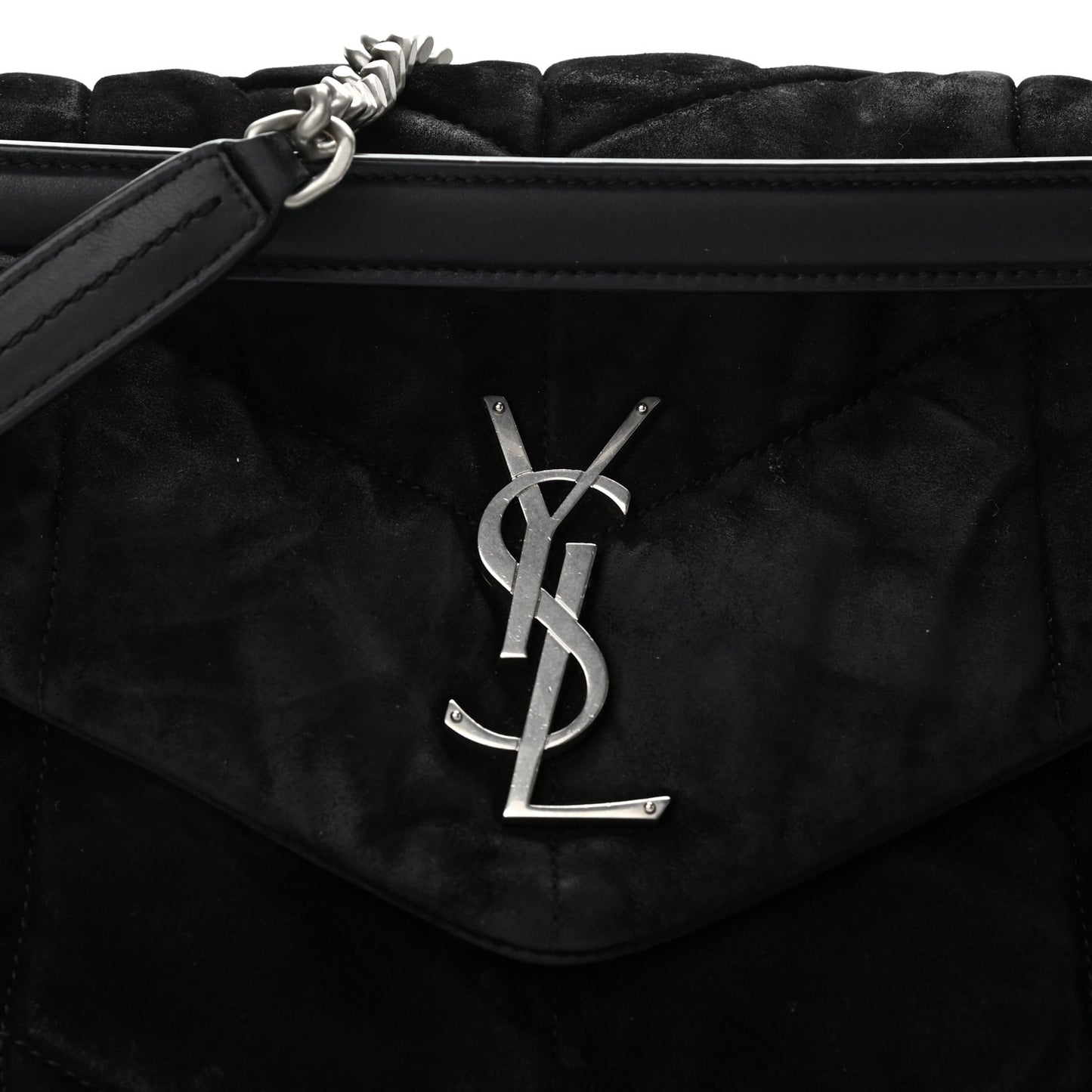 Suede Quilted Medium Loulou Puffer Monogram Chain Satchel Black