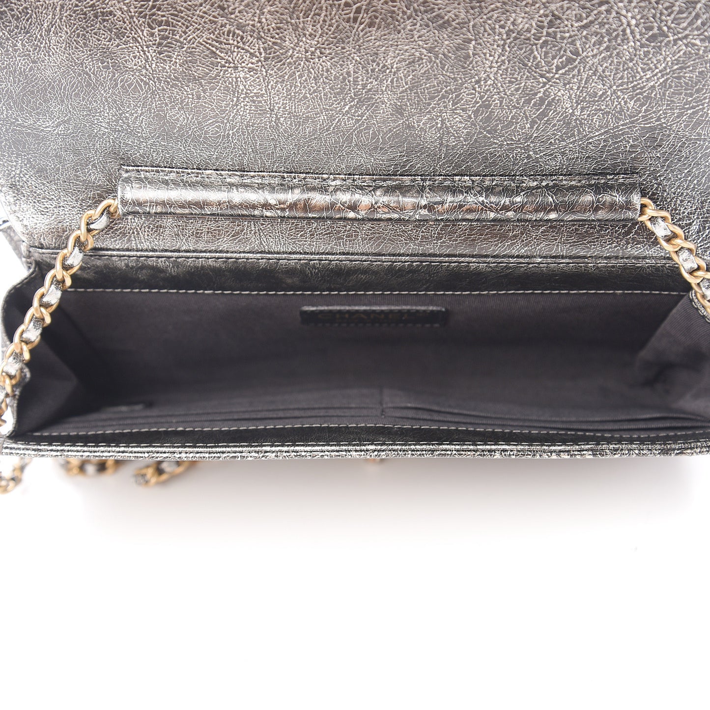 Cracked Metallic Calfskin Quilted Zip Away Chain Clutch Dark Silver