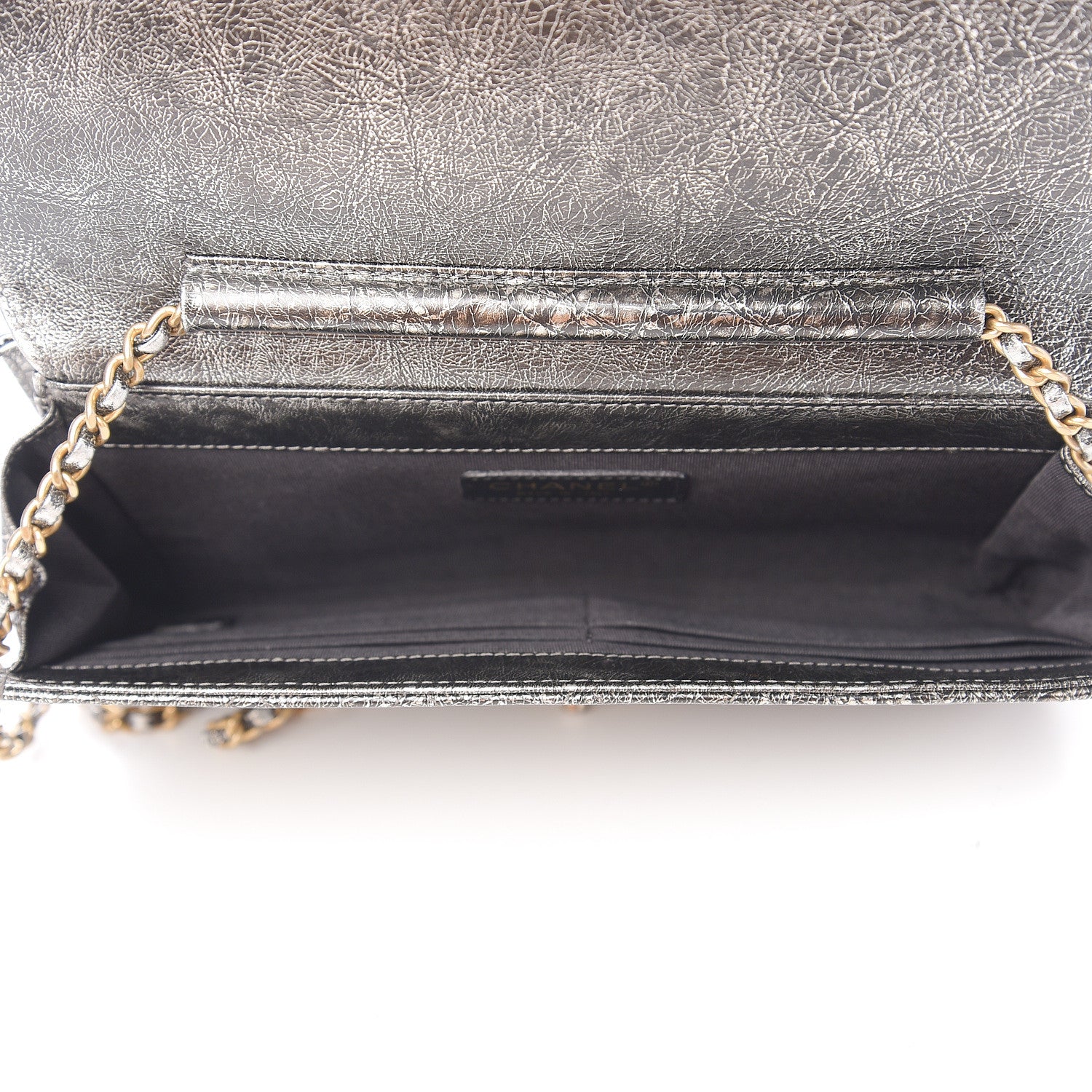 Chanel Cracked Metallic Calfskin Quilted Zip Away Chain Clutch Dark Silver 4 of 9