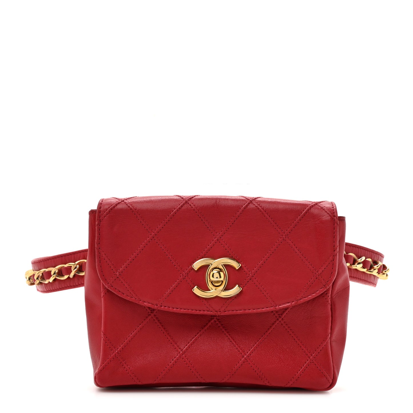 Lambskin Diamond Stitched Waist Chain Belt Flap Bag  85 34 Red