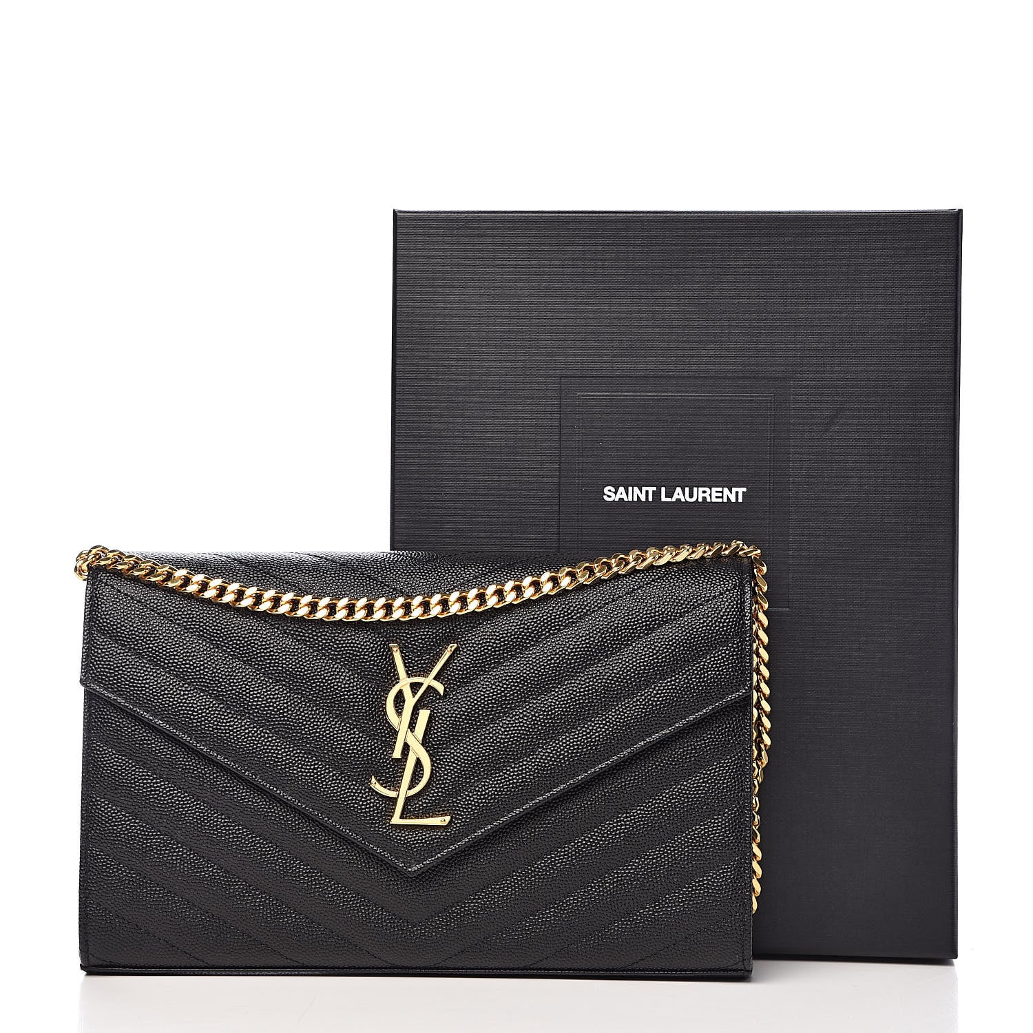 Saint Laurent Grain De Poudre Matelasse Chevron Monogram Chain Wallet Black 10 of 10