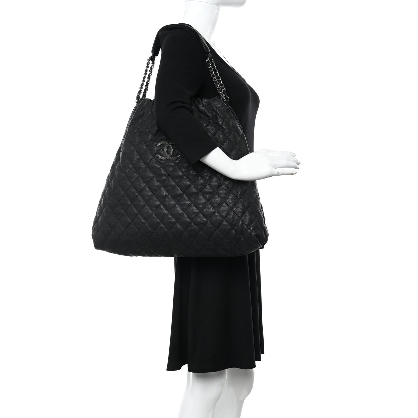 Distressed Glazed Caviar Quilted Large Elastic Tote Black