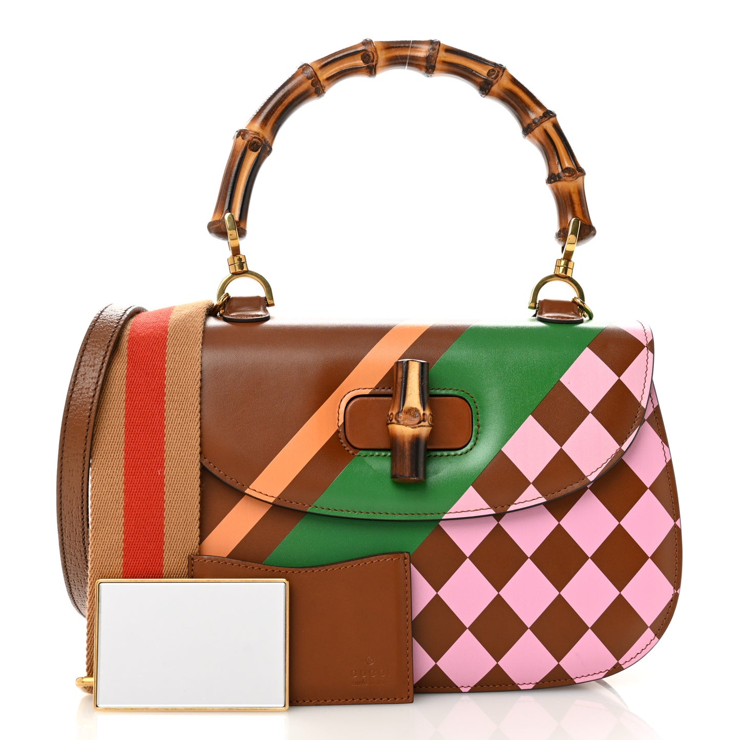 Calfskin Geometric Print Medium Bamboo 1947 Top Handle Bag Brown