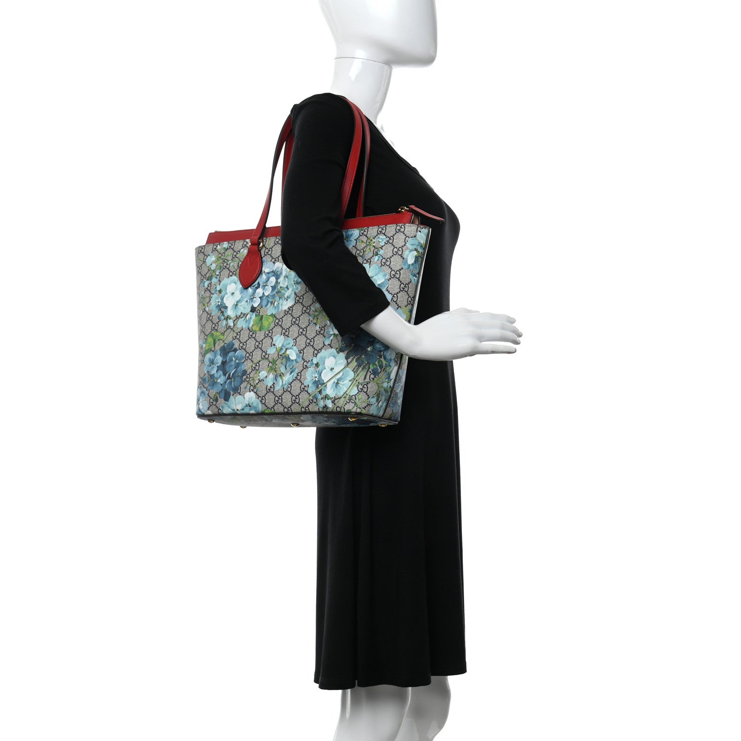 Gucci GG Supreme Monogram Blooms Medium Zippered Bucket Tote Beige Blue Navy Hibiscus Red 2 of 9