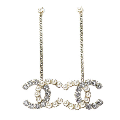 Chanel Crystal Pearl Dazzling Domino Drop Earrings Matte Gold 1 of 4