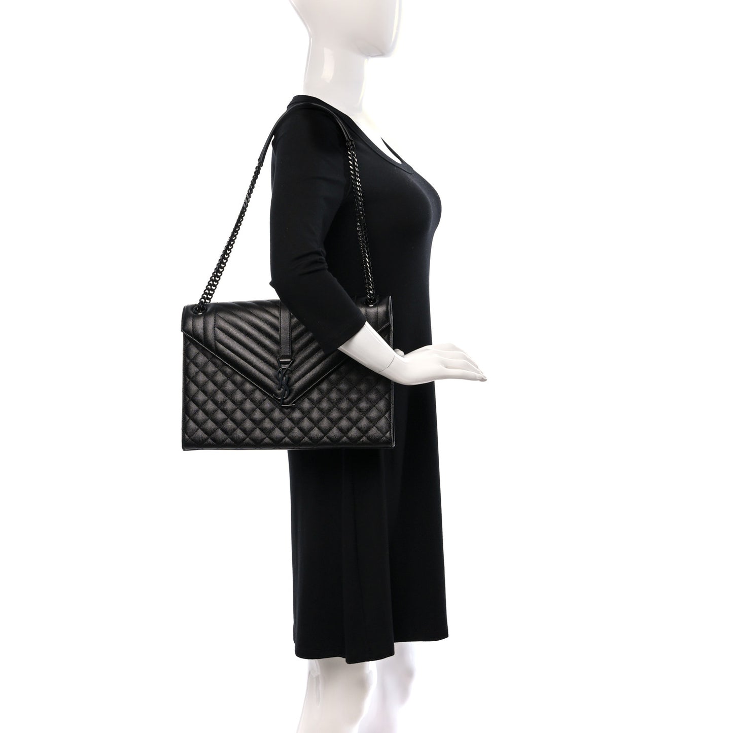 Grain De Poudre Textured Mixed Matelasse Large Triquilt Monogram Monochrome Satchel Black