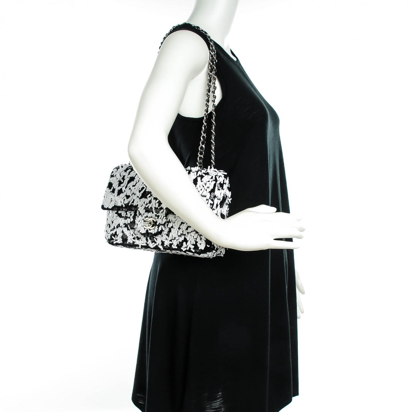 Sequin Embroidered Medium Flap Black White