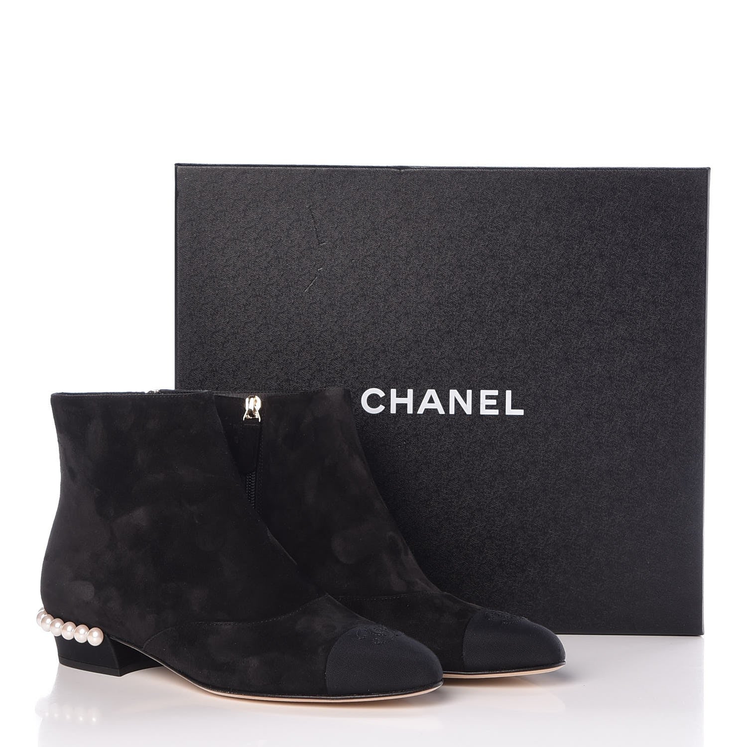 Chanel Suede Calfskin Pearl Cap Toe Short Boots 38 Black 8 of 8
